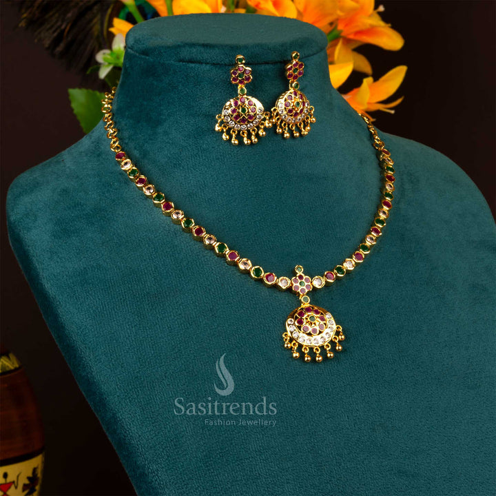 Festive multi-hued temple-style Addigai jewellery set in micro gold finish, perfect for traditional brides seeking vibrant ethnic jewellery flair – sasitrends