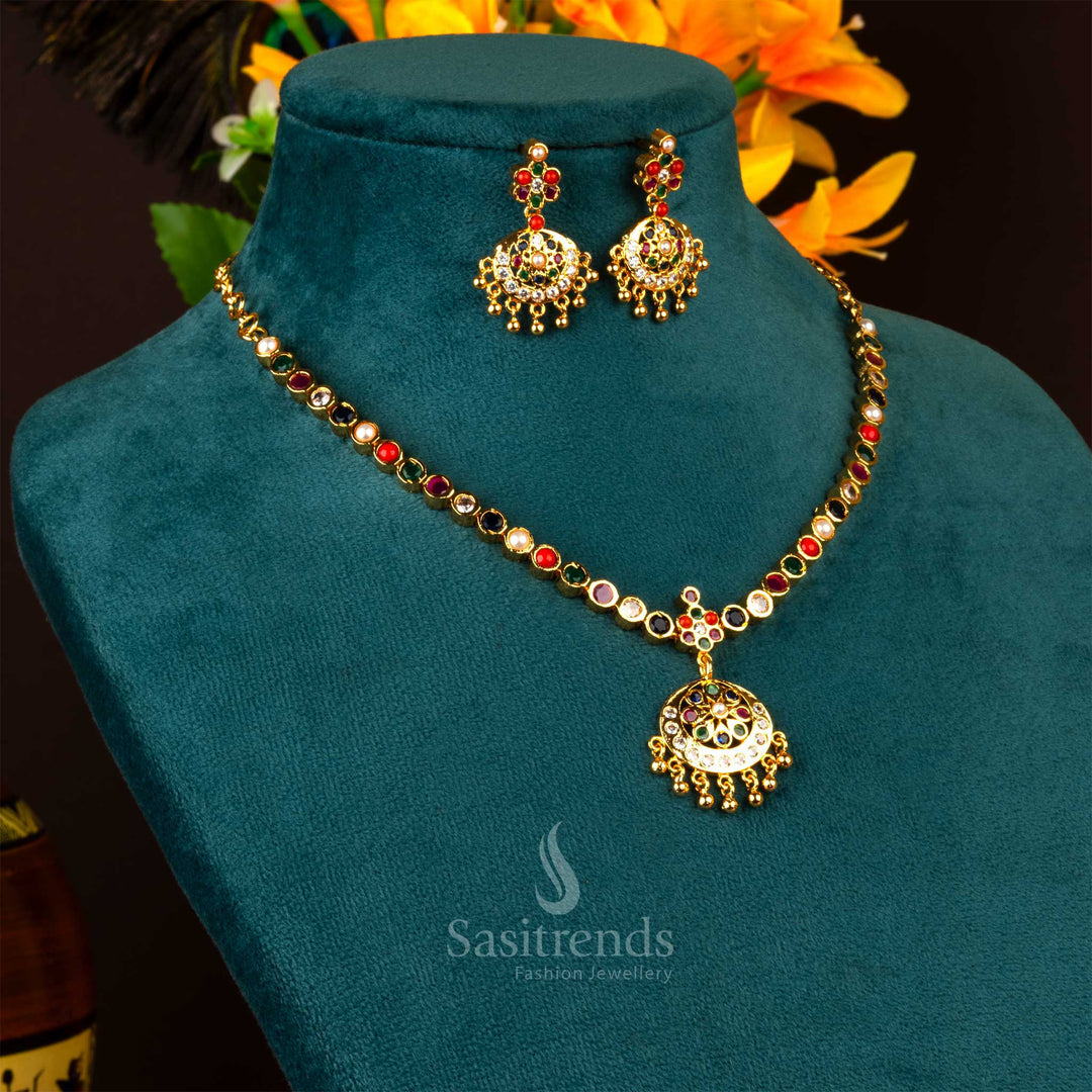 Temple-style Navarathna Addigai set in micro gold with sacred nine-stone arrangement, blending symbolic heritage with a traditional wedding jewellery look – sasitrends