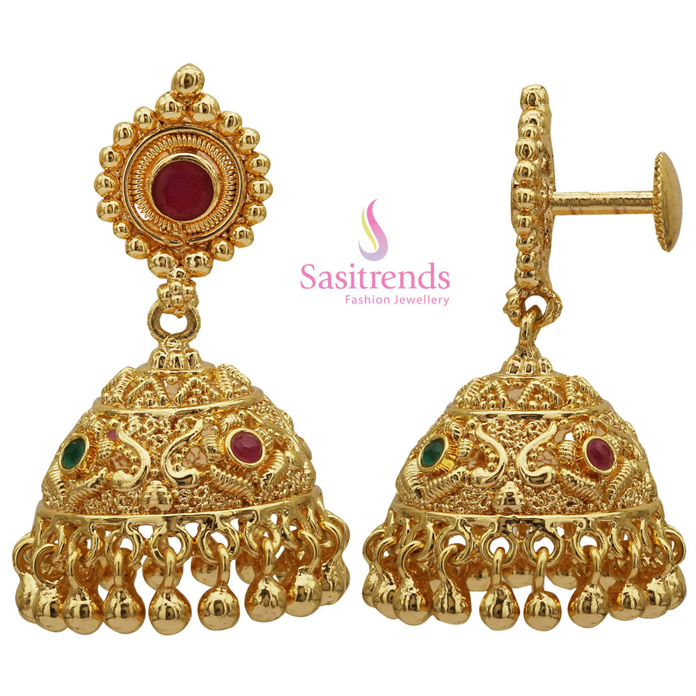 Graceful micro gold plated Jhumka earrings adorned with sparkling AD stones and floral motifs – Traditional wear jewellery designed for festive occasions and saree styling – Sasitrends