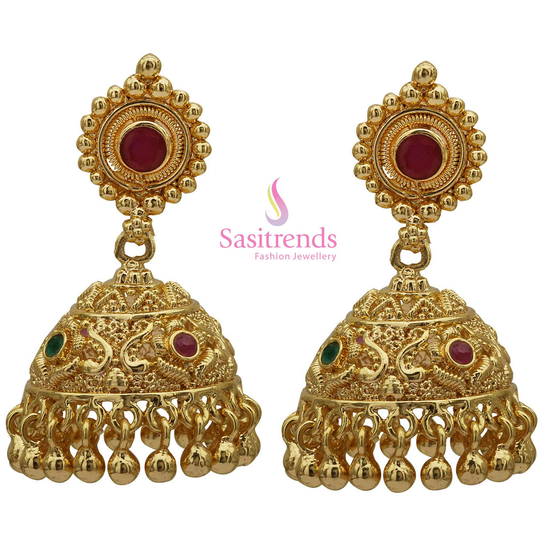 Elegant traditional Jhumka earrings with shimmering American Diamonds and micro gold polish – Featuring a classic dome design ideal for ethnic partywear and bridal looks – Sasitrends