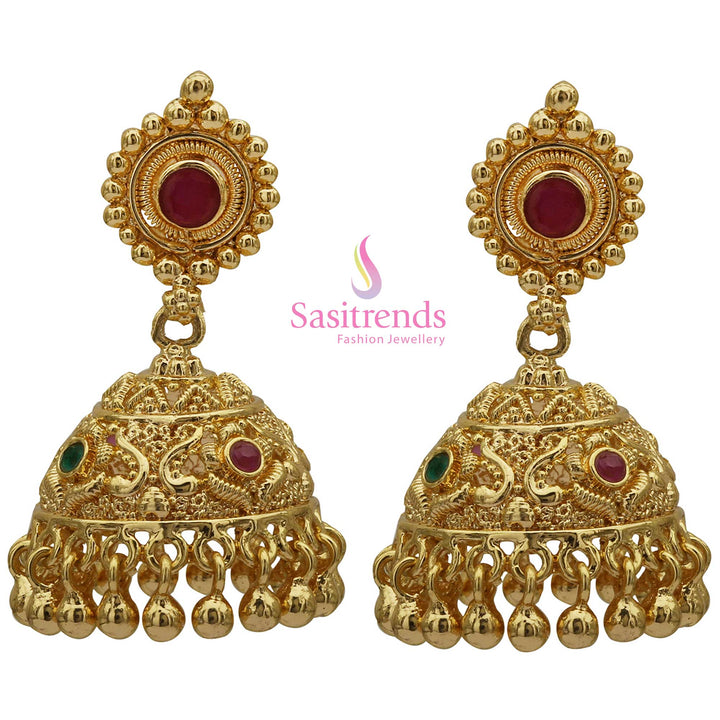 Latest Traditional Wear Micro Gold Plated AD Stone Jhumkas Earrings for Women | Sasitrends