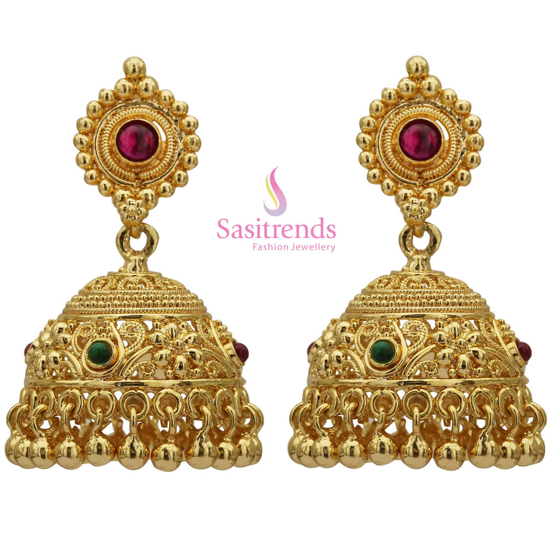 Classic Indian wear Jhumka earrings with a micro gold polish and sparkling AD accents – Showcasing intricate Kemp-inspired floral designs ideal for sarees and lehengas – Sasitrends