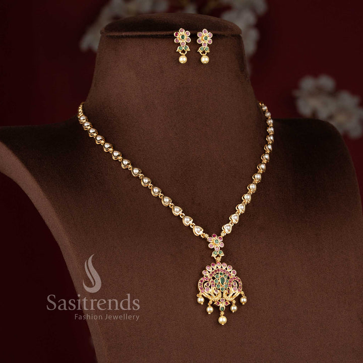 Micro Gold Plated Peacock Floral Pendant Pearl Necklace Jewellery Set for Women - Latest Traditional Design