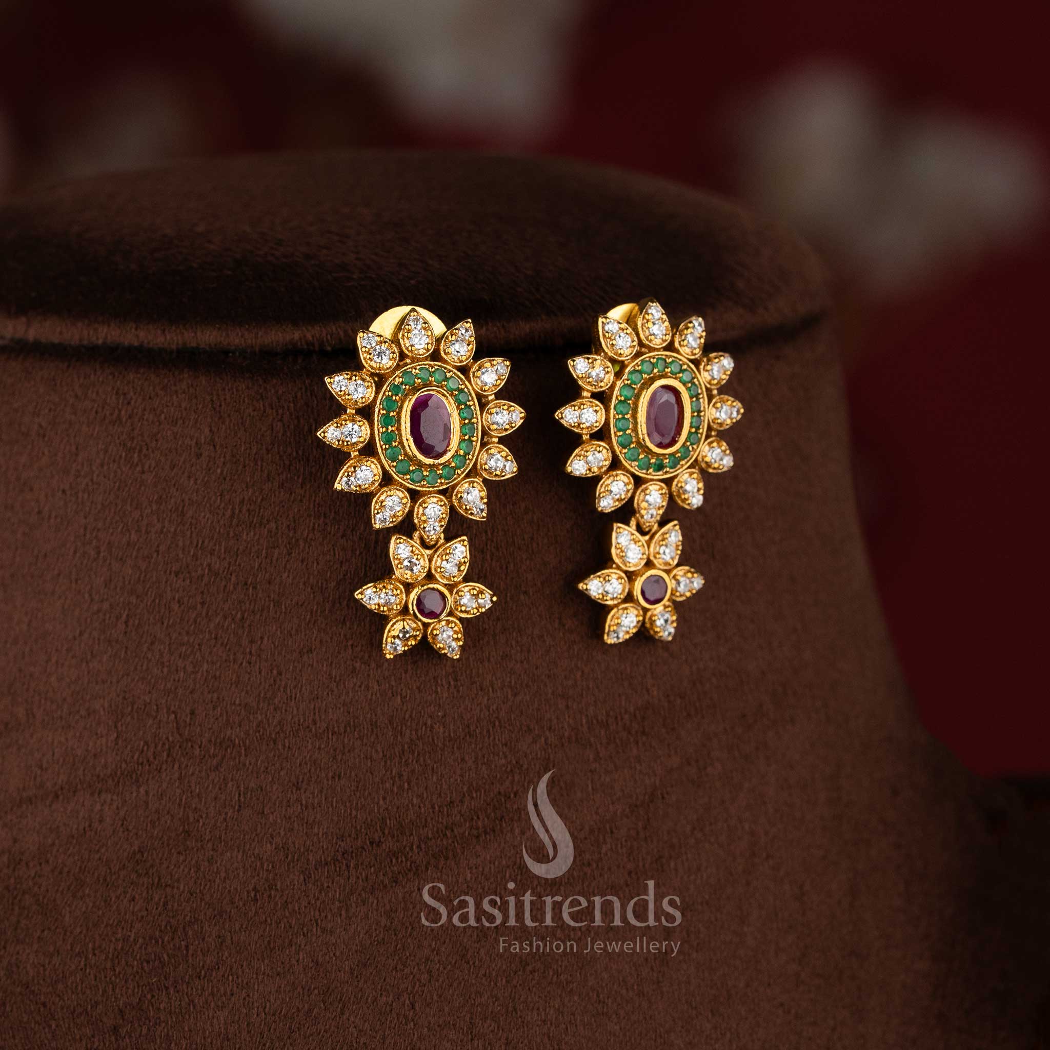 Elegant matte gold plated floral necklace jewellery set with American diamonds and matching earrings