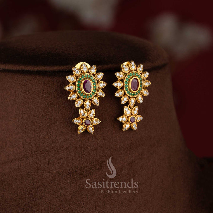 Elegant matte gold plated floral necklace jewellery set with American diamonds and matching earrings