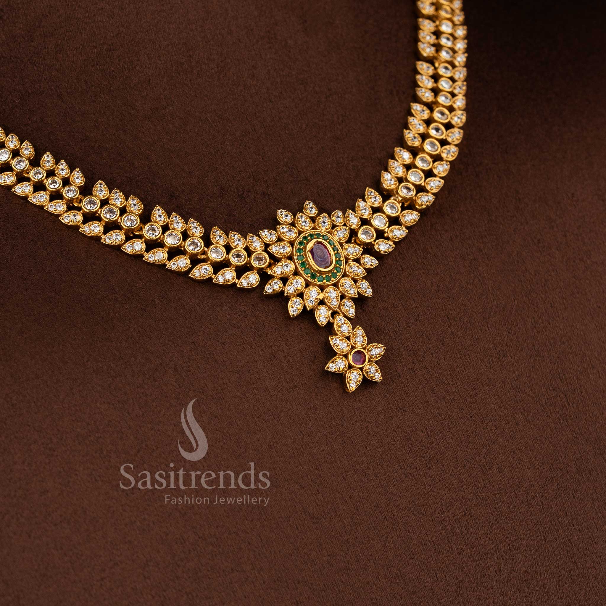 Traditional temple jewellery matte gold floral AD stone necklace set perfect for weddings and festive wear