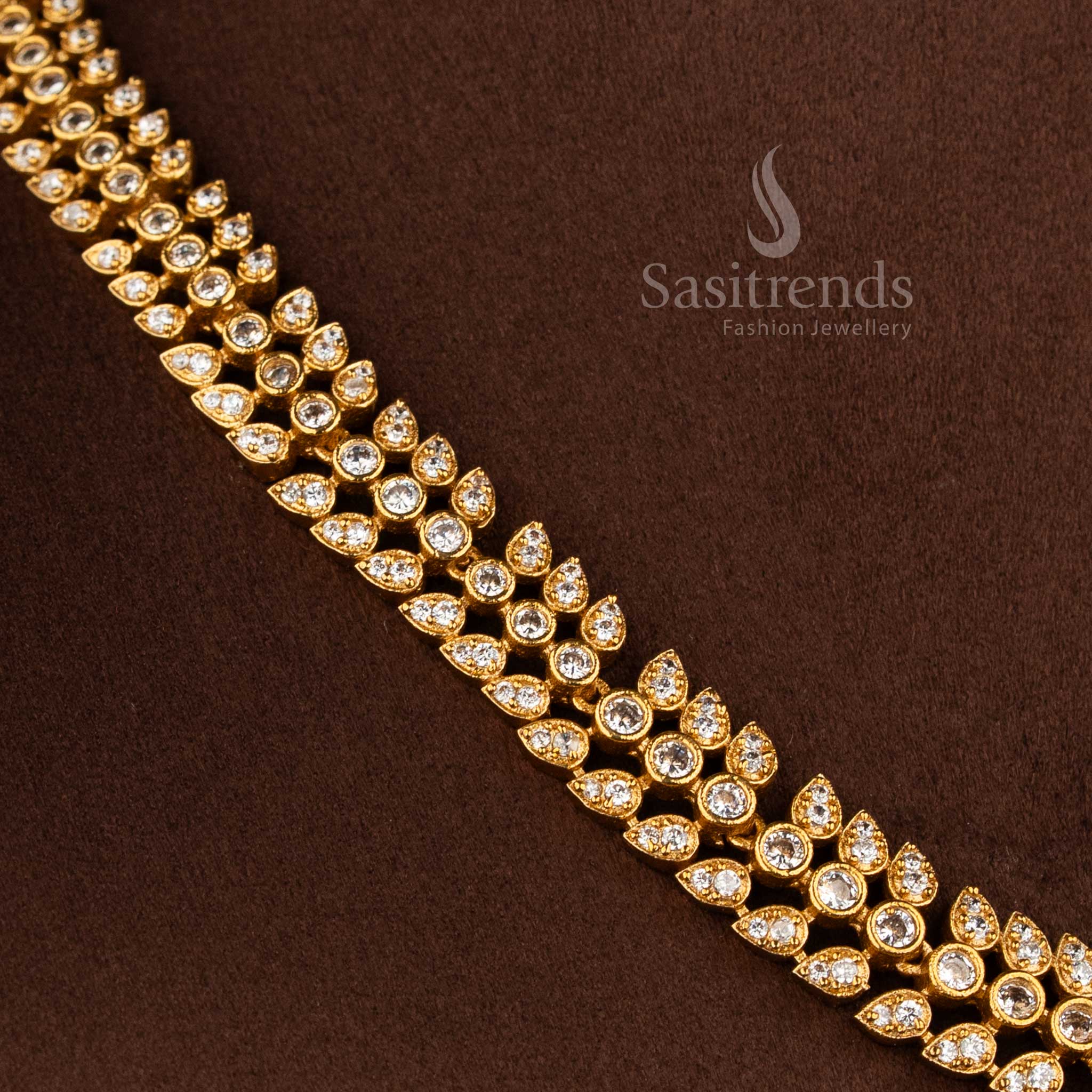 Traditional temple jewellery matte gold floral AD stone necklace set perfect for weddings and festive wear