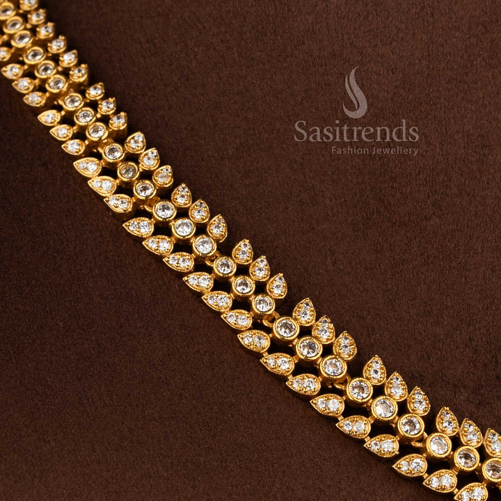 Traditional temple jewellery matte gold floral AD stone necklace set perfect for weddings and festive wear