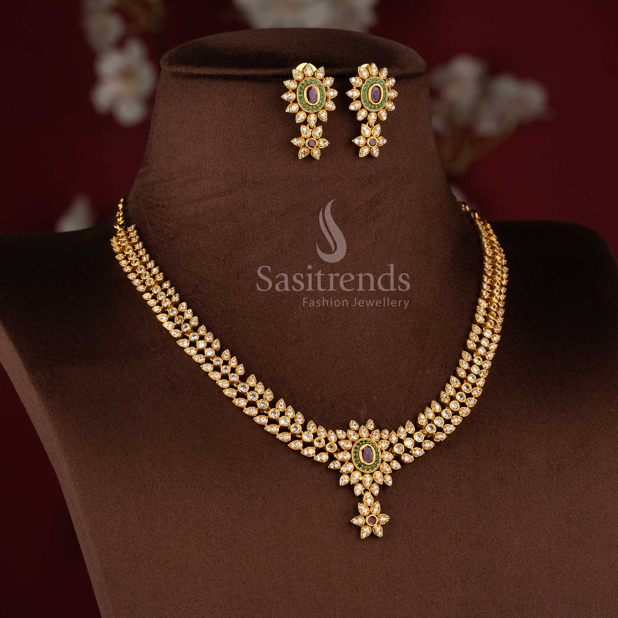 Temple matte gold plated floral American diamond necklace set for women with elegant drop design by Sasitrends