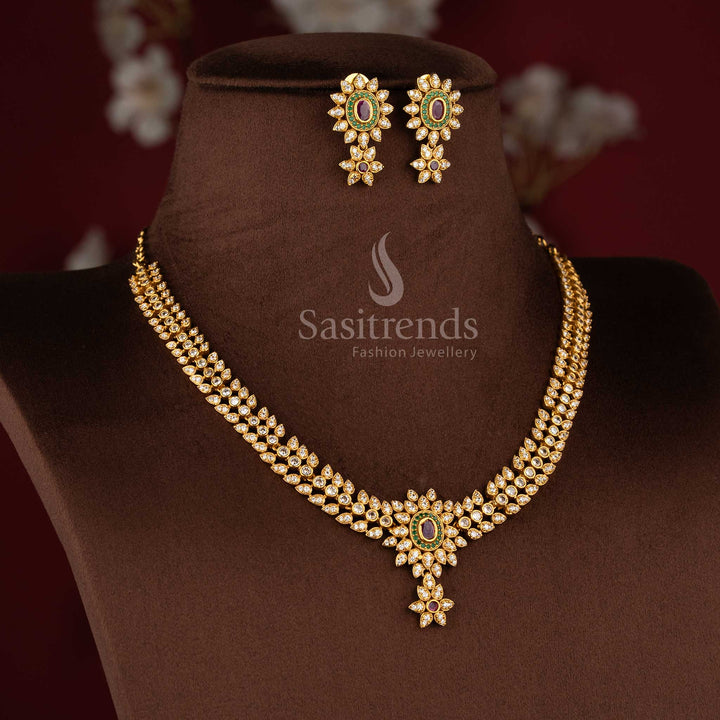 Temple matte gold plated floral American diamond necklace set for women with elegant drop design by Sasitrends