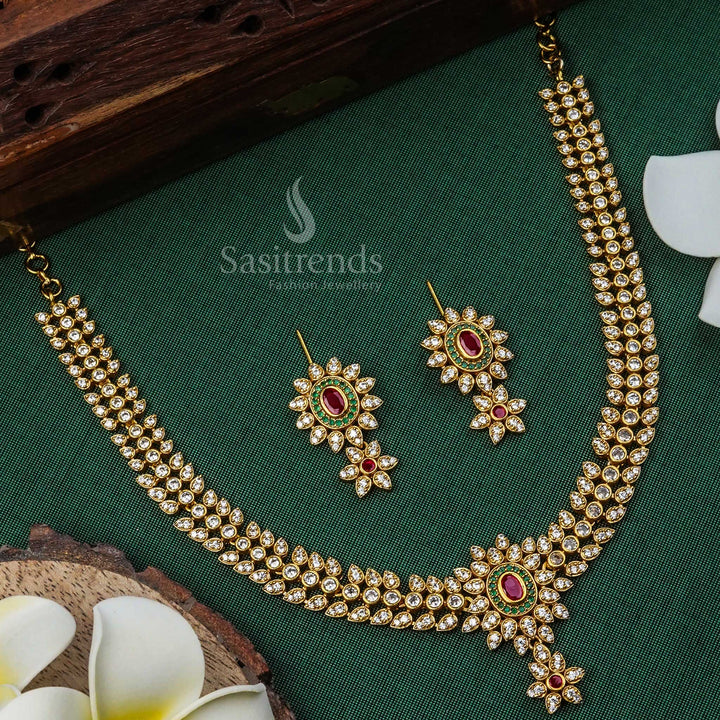 Latest Temple Matte Gold Plated Floral American Diamond Jewellery Set for Women - Perfect Occasion Wear! | Sasitrends