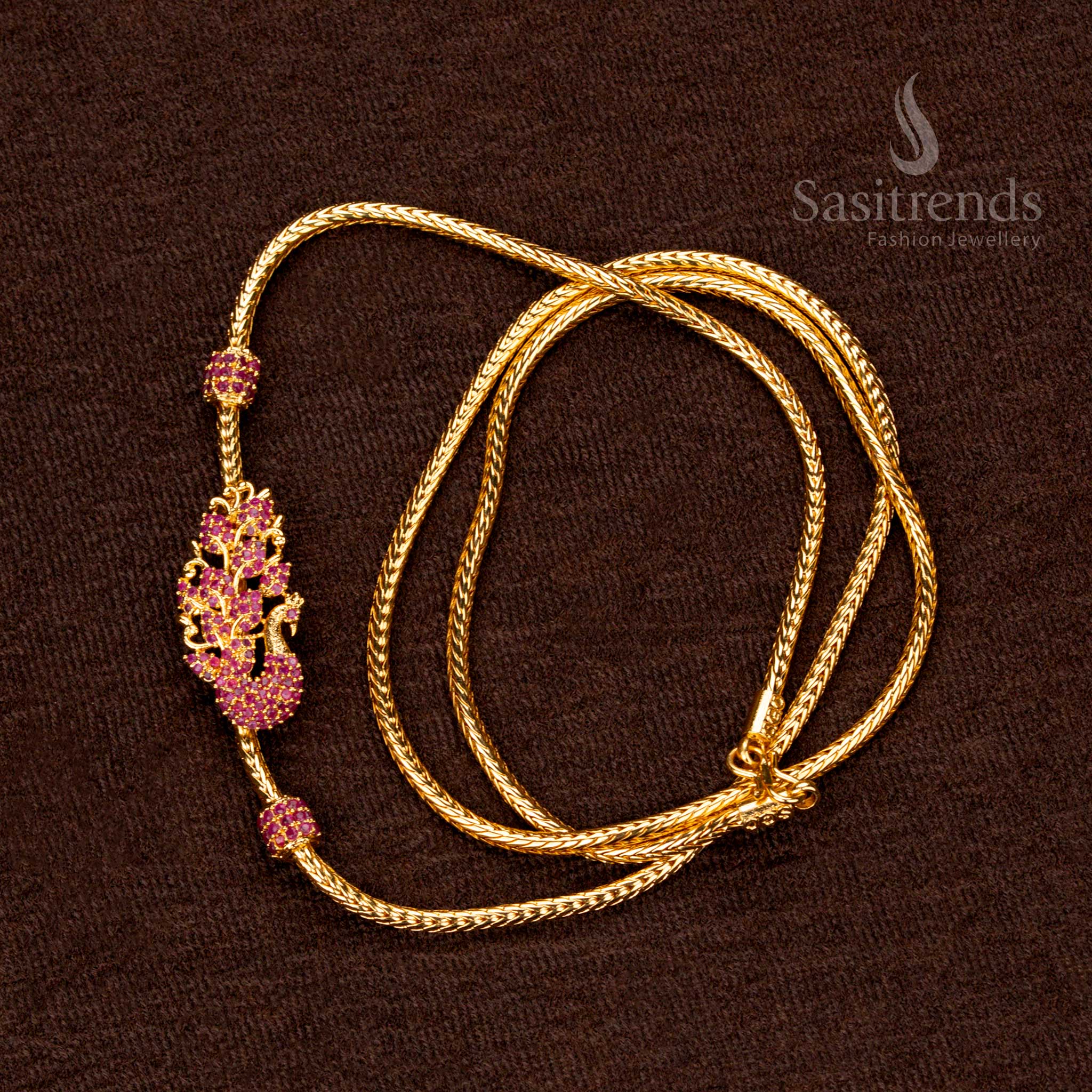 Traditional Peacock Mugappu chain, ruby AD stones, 24-inch, luxury look - Sasitrends