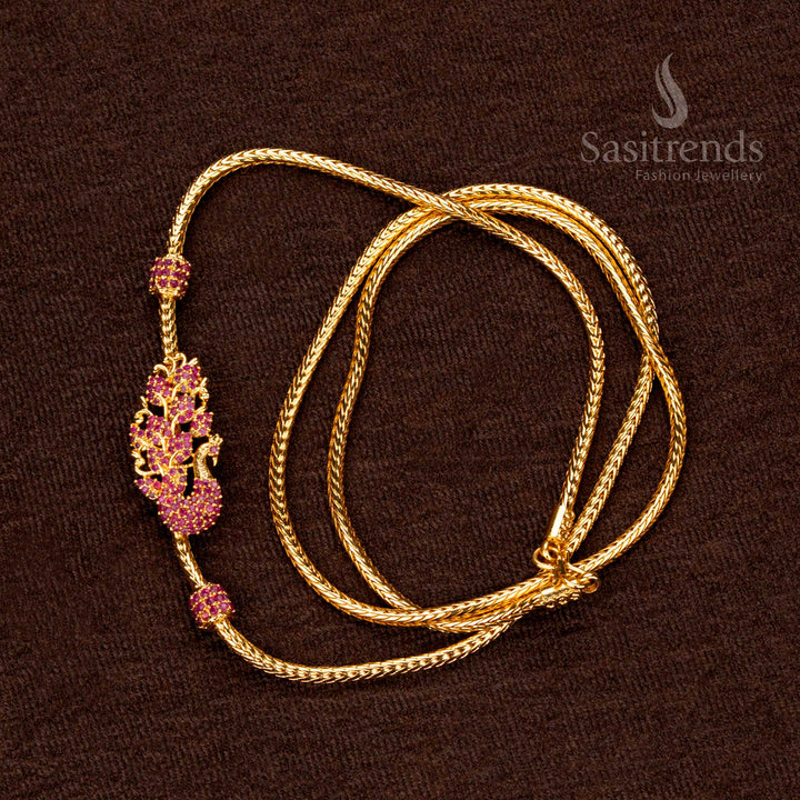 Traditional Peacock Mugappu chain, ruby AD stones, 24-inch, luxury look - Sasitrends