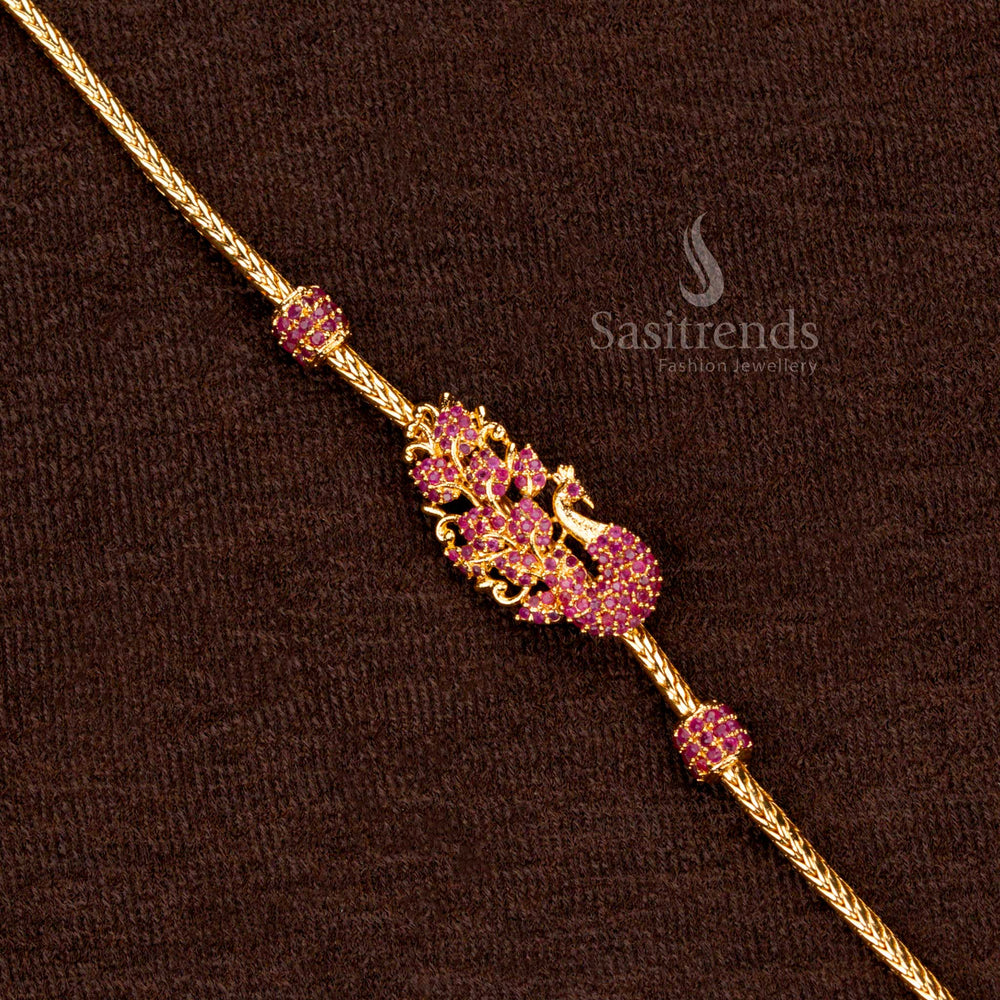 Traditional Peacock Mugappu chain, ruby AD stones, 24-inch, luxury look - Sasitrends