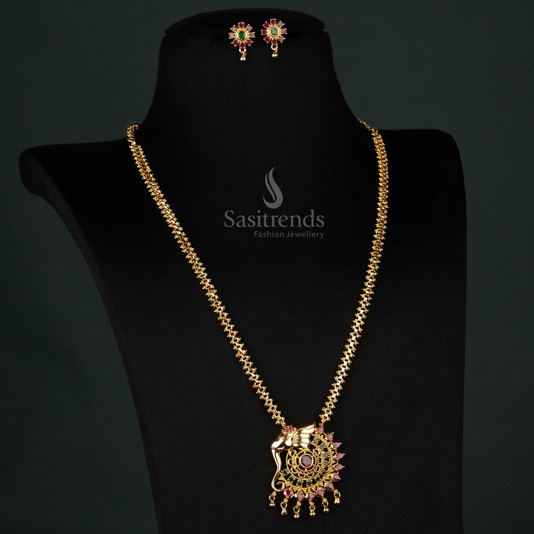 Temple wear long necklace set with elephant pendant, earrings, and gold plating - Sasitrends