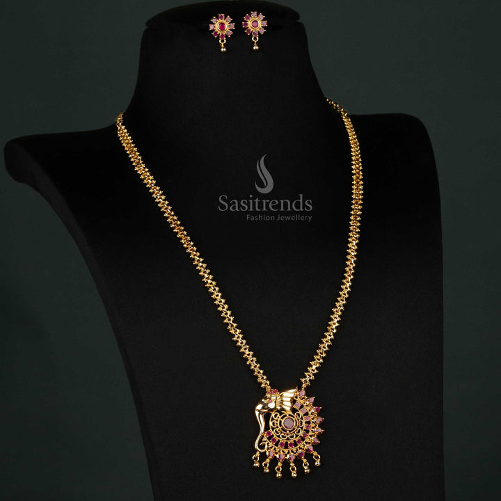Long Gajiri chain necklace set with elephant motif pendant and floral earrings - Sasitrends