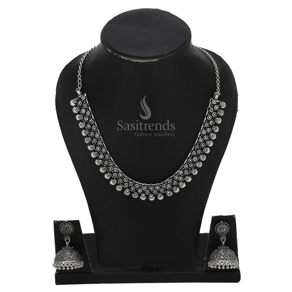 Vintage Vibe Chintaka oxidised silver short necklace with textured ball pendants and elegant jhumka drops, perfect for rustic ethnic ensembles – Sasitrends