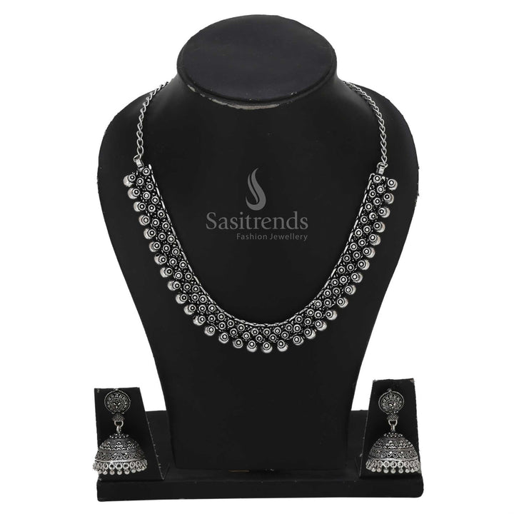 Vintage Vibe Chintaka oxidised silver short necklace with textured ball pendants and elegant jhumka drops, perfect for rustic ethnic ensembles – Sasitrends