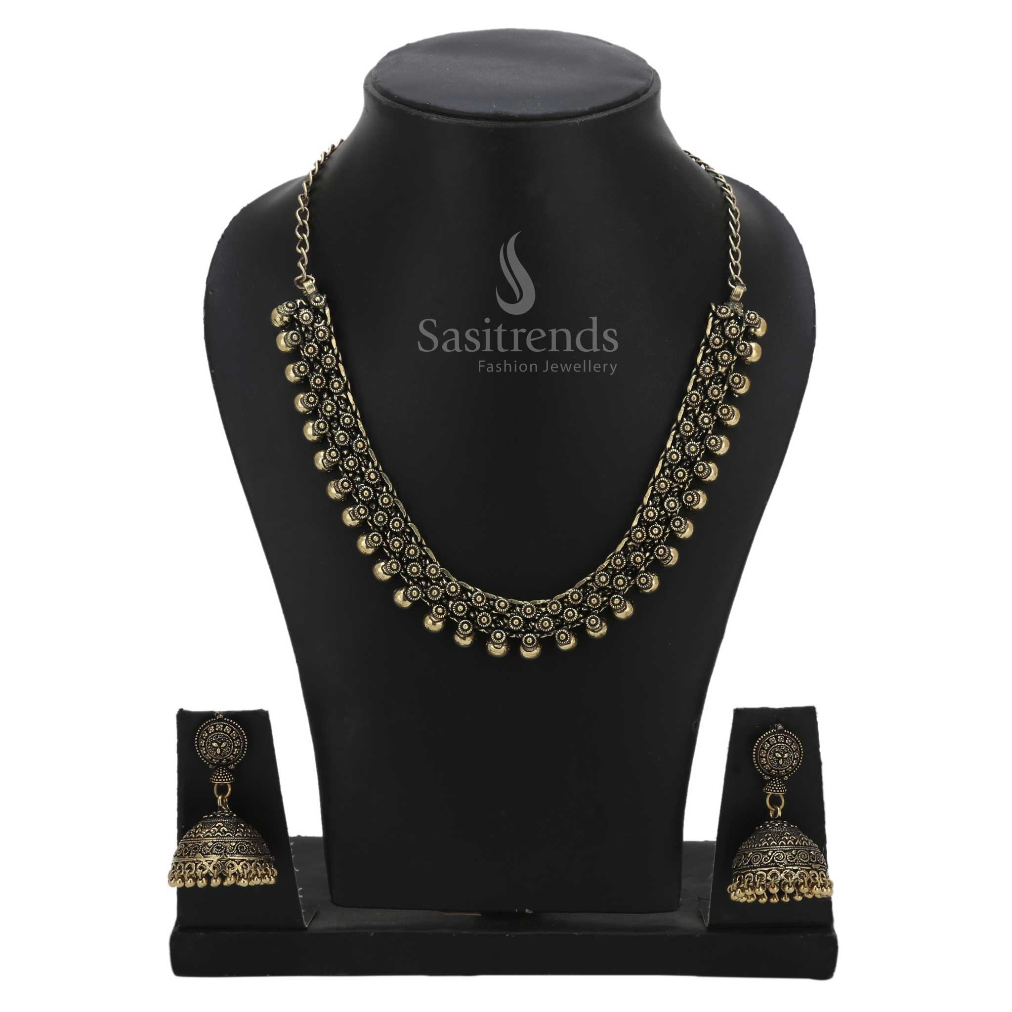 Grandeur Chintaka antique gold short necklace and jhumka set featuring a classic beaded finish and rich South Indian traditional detailing – Sasitrends