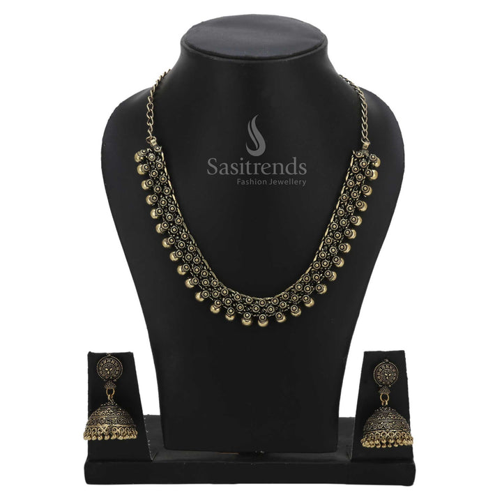 Grandeur Chintaka antique gold short necklace and jhumka set featuring a classic beaded finish and rich South Indian traditional detailing – Sasitrends