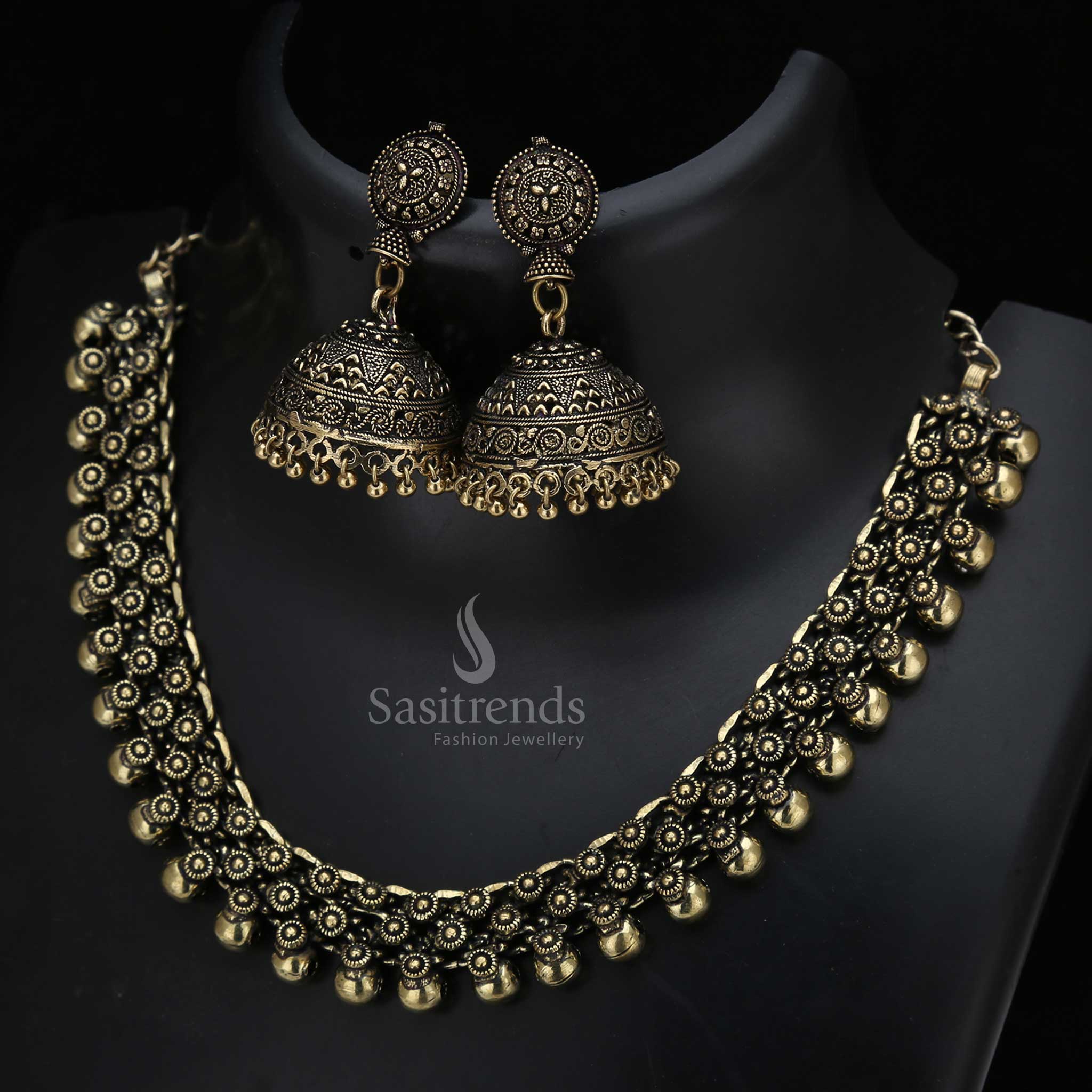 Heritage Hues Chintaka antique gold plated ball design necklace set with temple bells jhumka and intricate ornamental detailing perfect for ethnic wear – Sasitrends

