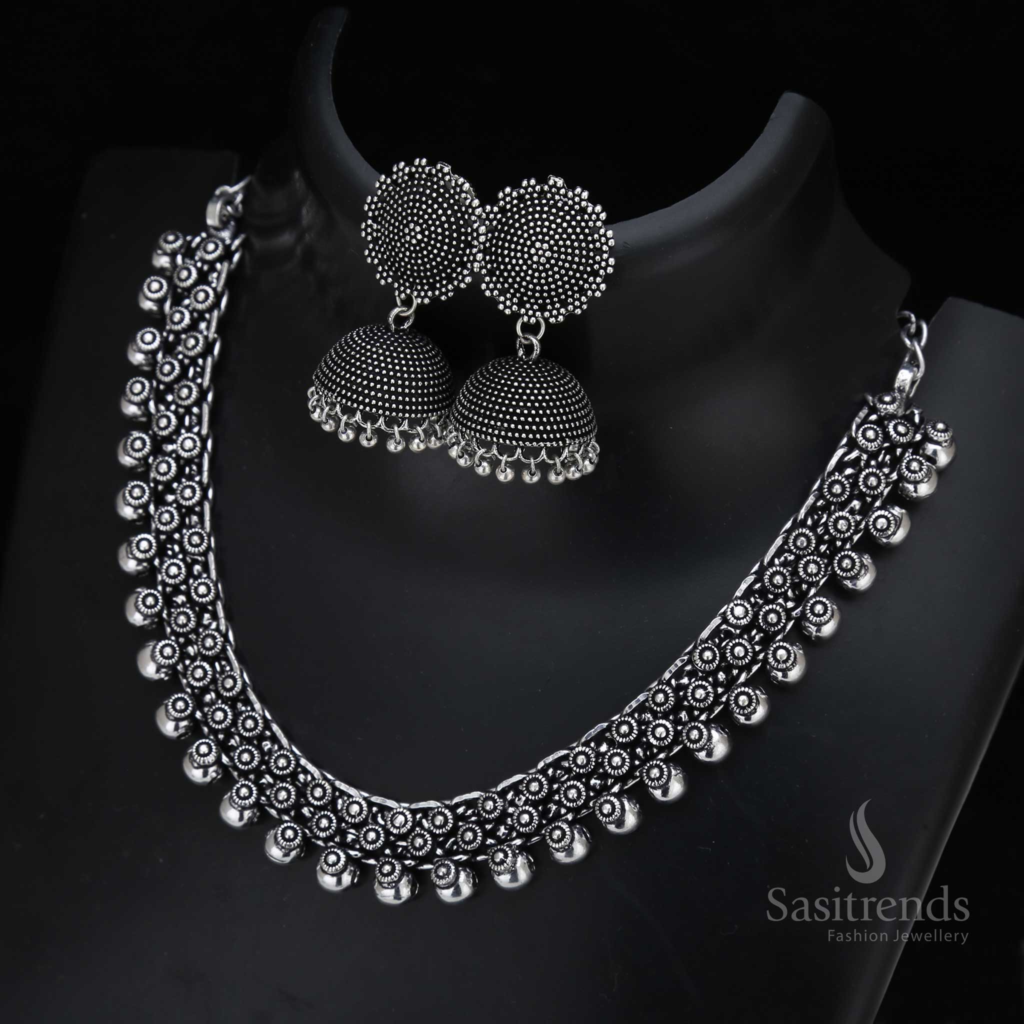 Rhythm Chintaka oxidised silver short ball necklace jewellery set adorned with finely detailed dangling jhumka and a rich tribal flair for cultural gatherings – Sasitrends