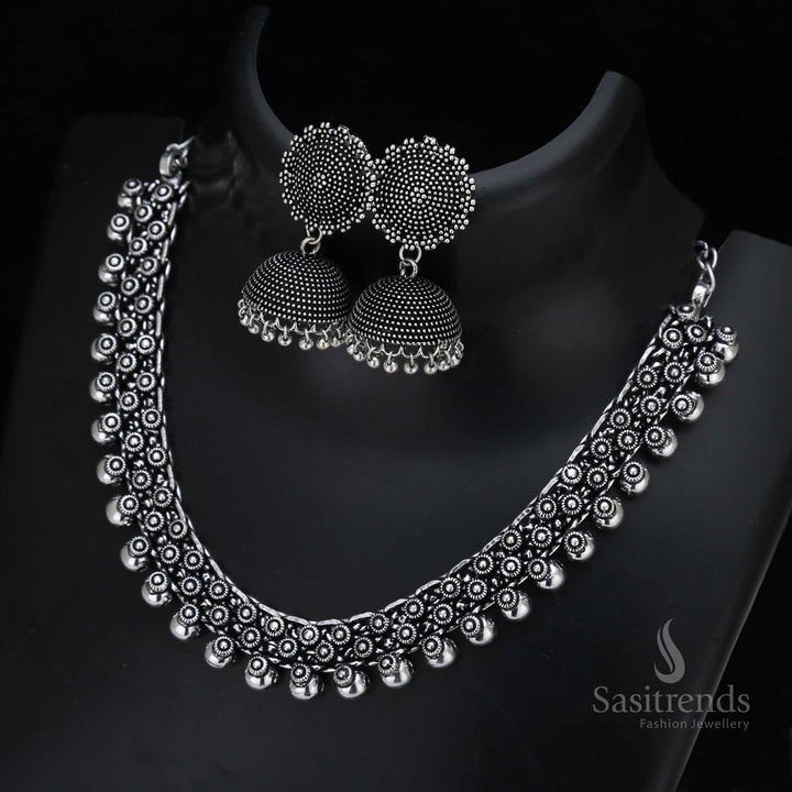 Rhythm Chintaka oxidised silver short ball necklace jewellery set adorned with finely detailed dangling jhumka and a rich tribal flair for cultural gatherings – Sasitrends