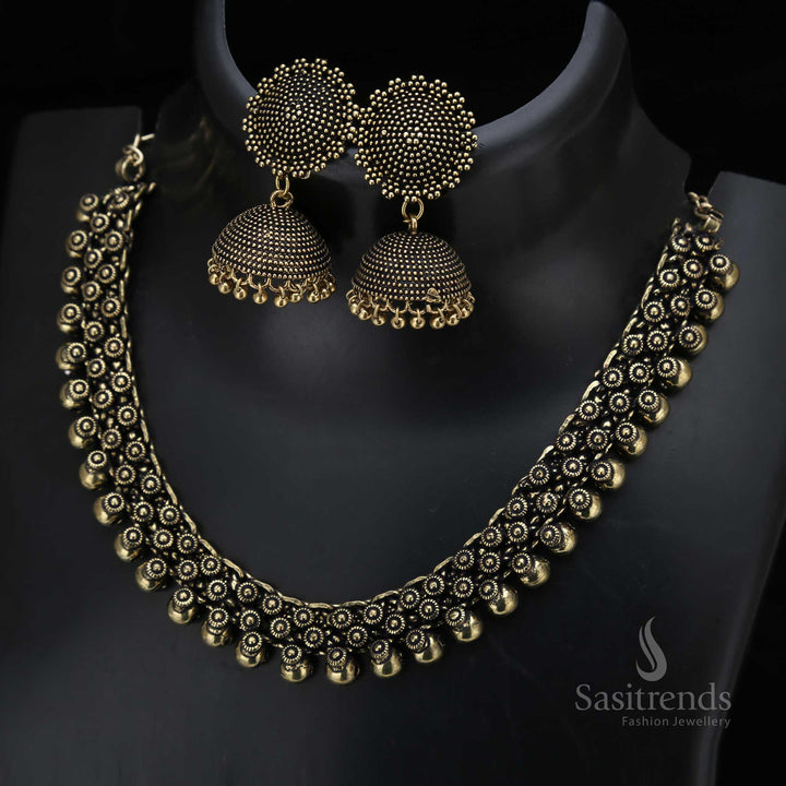 Sacred Rays Chintaka antique gold finish jewellery set enhanced with dainty ball motifs and statement traditional jhumka earrings, crafted for graceful grandeur – Sasitrends