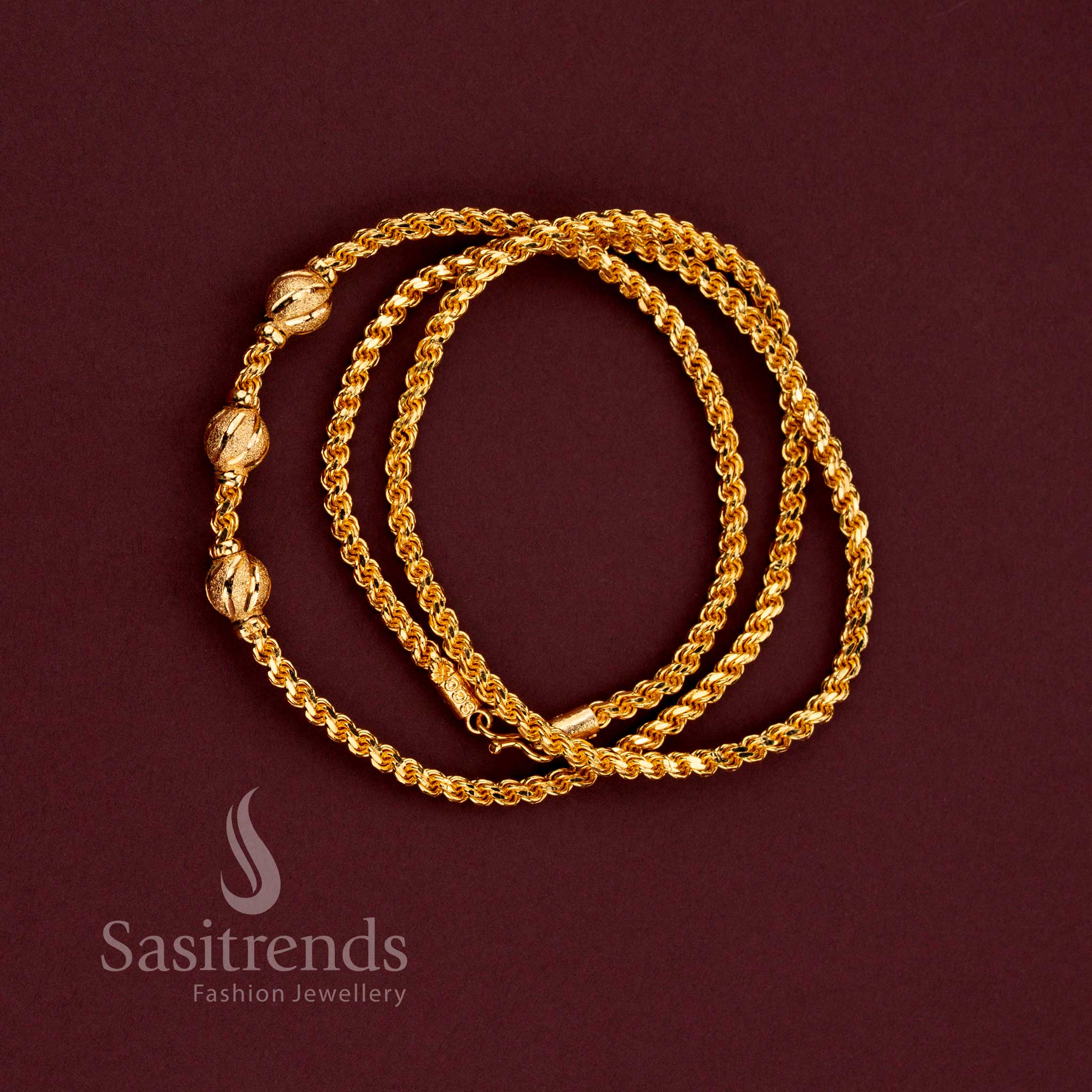 Daily and festive wear traditional South Indian mugappu chain with a bright 24k gold finish - Sasitrends.