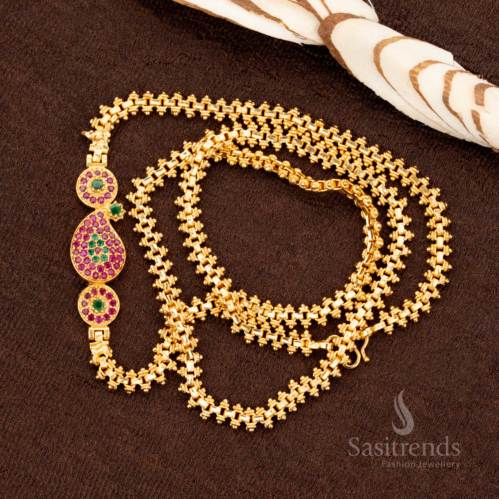 Royal ruby-green Mango Mugappu chain, elegantly crafted with AD stones and one-gram micro gold plating, a classic saree jewellery piece for timeless traditional beauty - Sasitrends