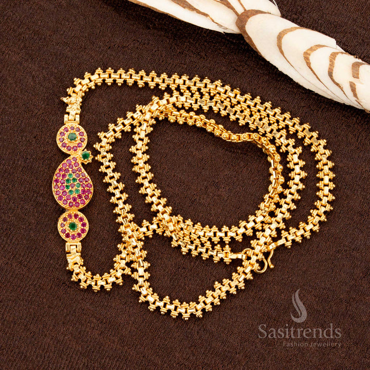 Royal ruby-green Mango Mugappu chain, elegantly crafted with AD stones and one-gram micro gold plating, a classic saree jewellery piece for timeless traditional beauty - Sasitrends