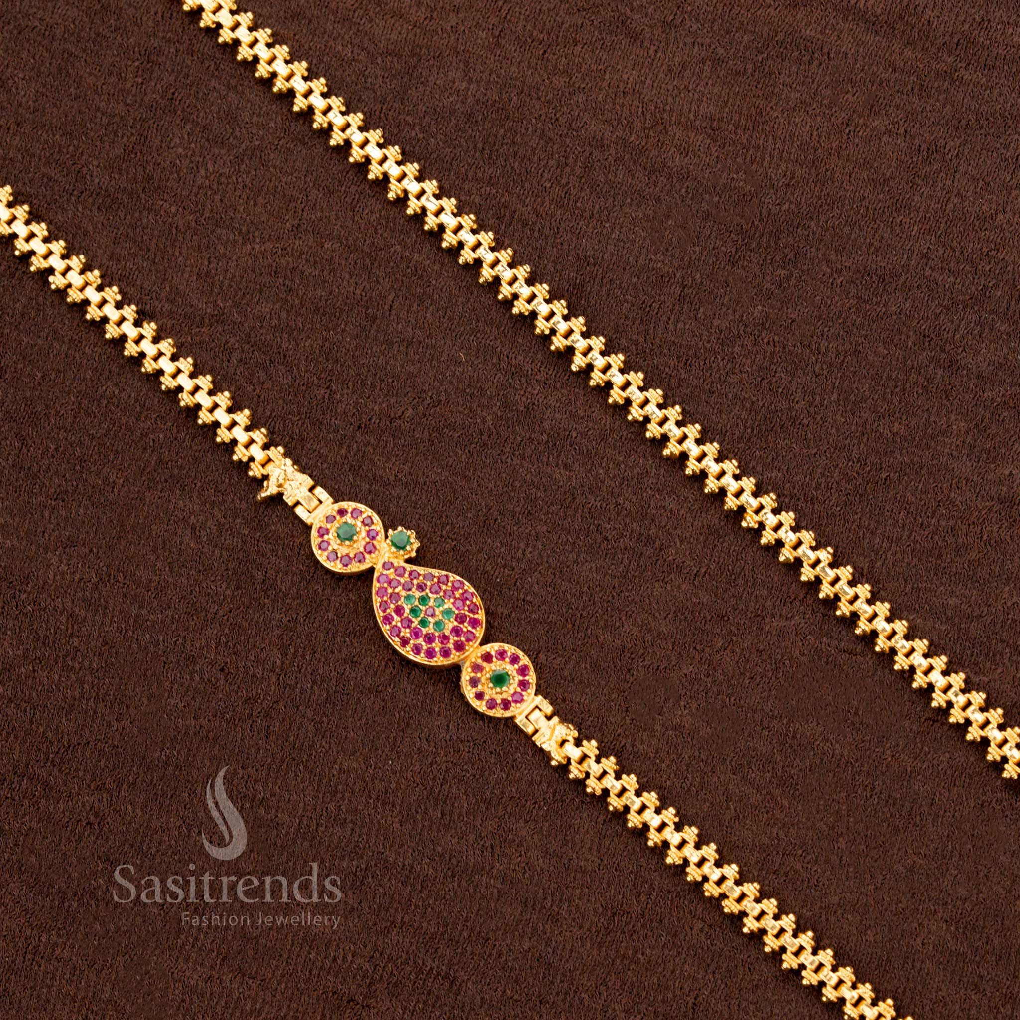 Exquisite ruby-green Mugappu chain featuring a mango pattern, crafted with one-gram micro gold plating and AD stones - Sasitrends