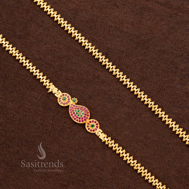 Exquisite ruby-green Mugappu chain featuring a mango pattern, crafted with one-gram micro gold plating and AD stones - Sasitrends