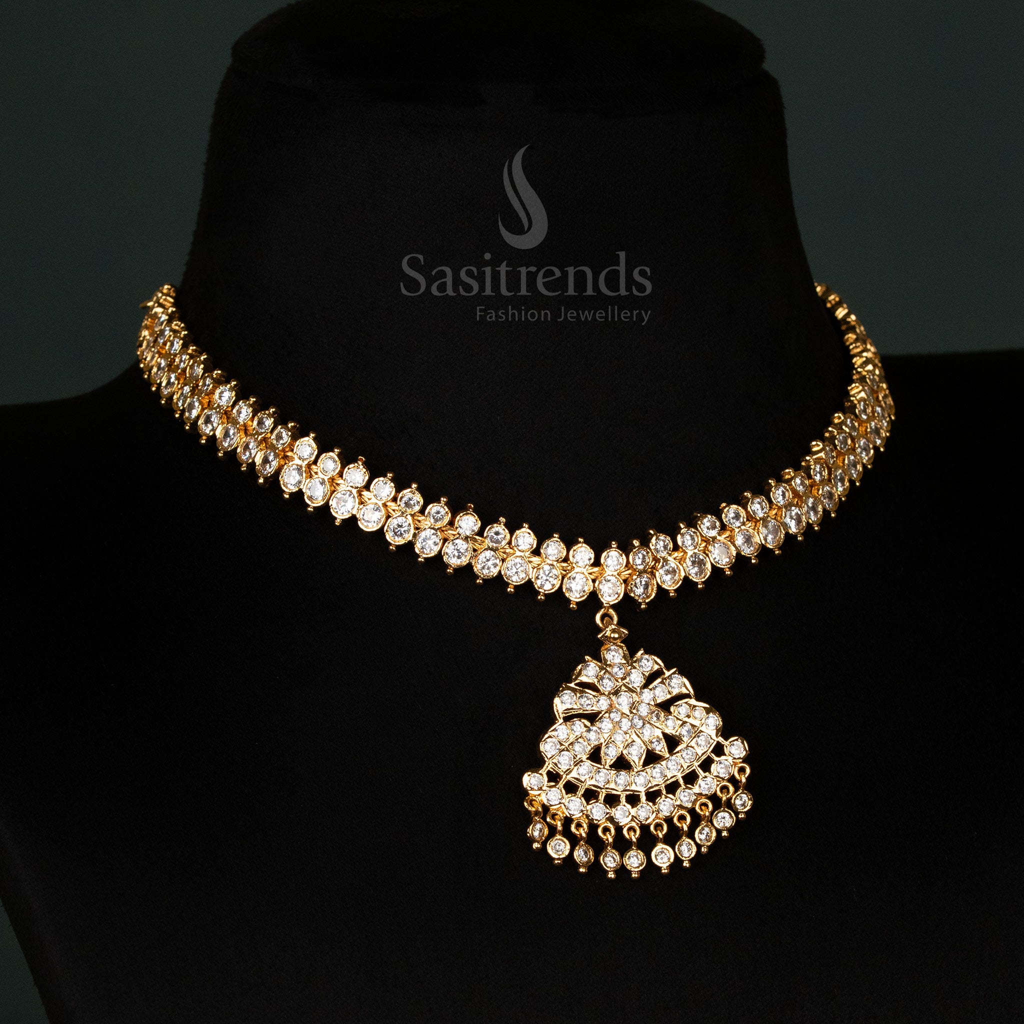 Ethnic White Micro Gold Plated Impon Choker Necklace with American Diamond Stones – Exclusive Traditional Festive Wedding Jewellery for Regal Occasional Glamour - Sasitrends