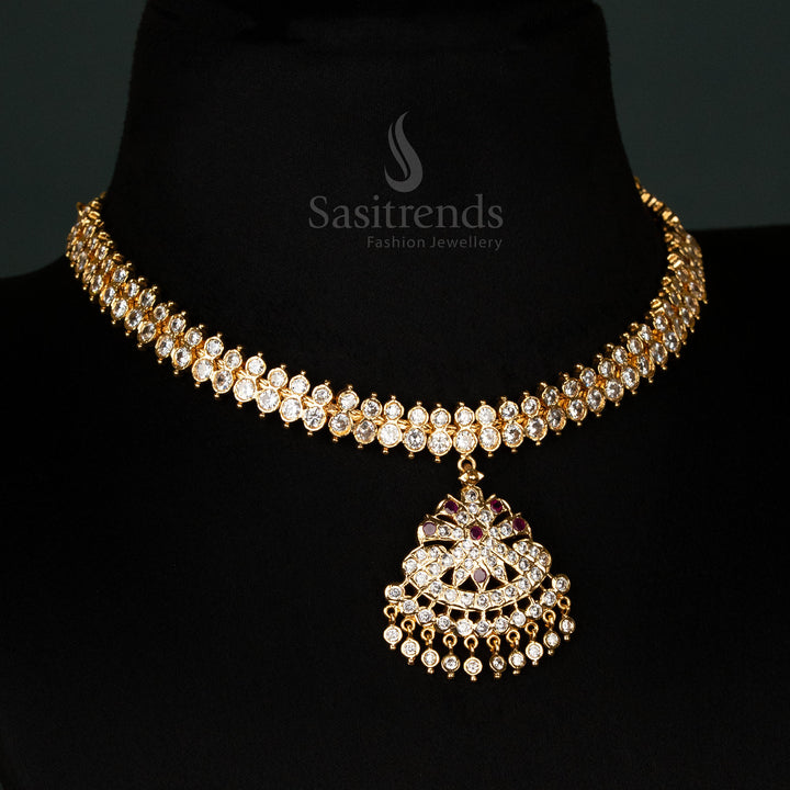 Regal Ethnic Ruby Micro Gold Plated Impon Choker Necklace with American Diamond Stones – Exquisite Bridal Occasional Traditional Jewellery for Opulent Grand Celebrations - Sasitrends
