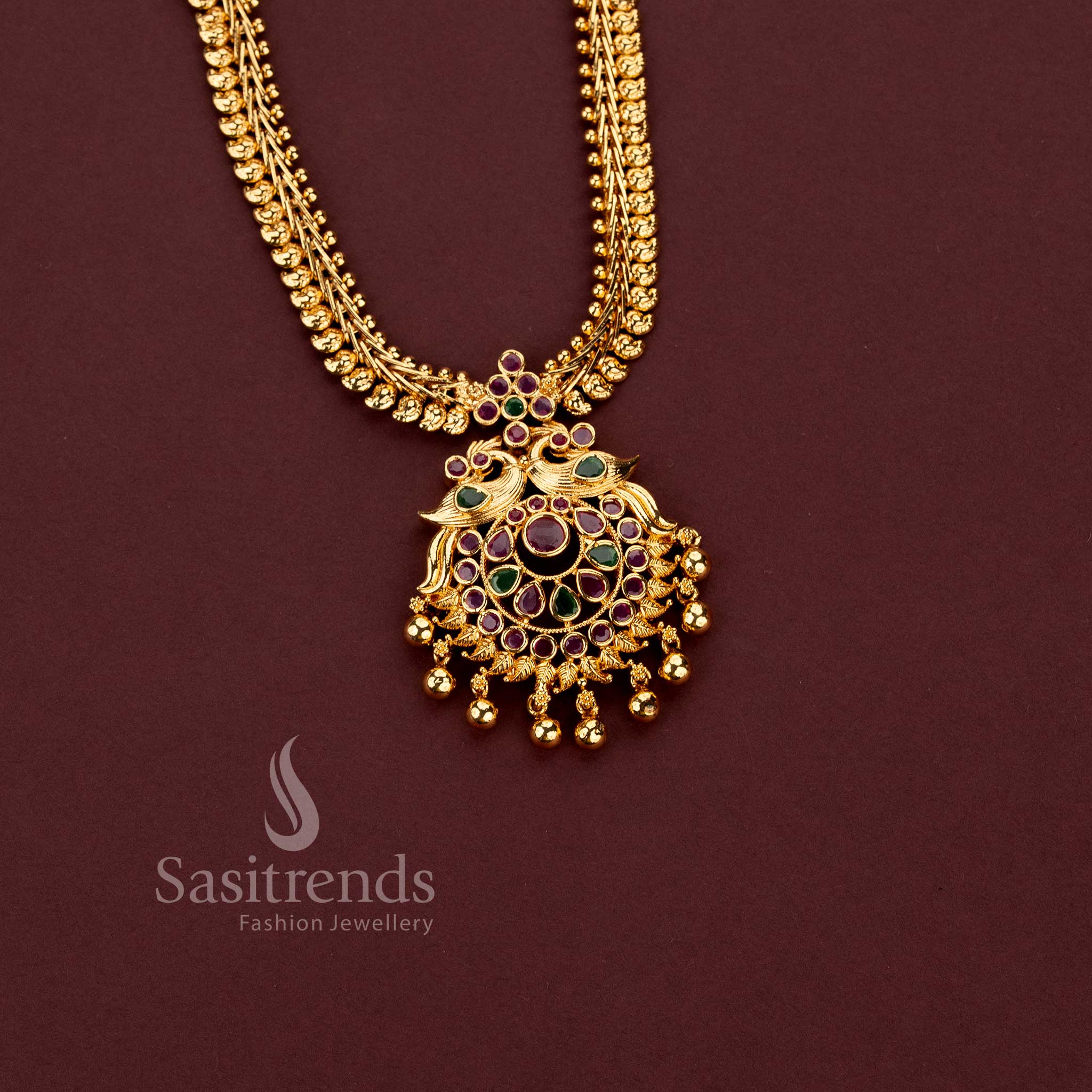 One Gram Micro Gold Plated Peacock AD Stone Pendant Necklace for Women - Sasitrends