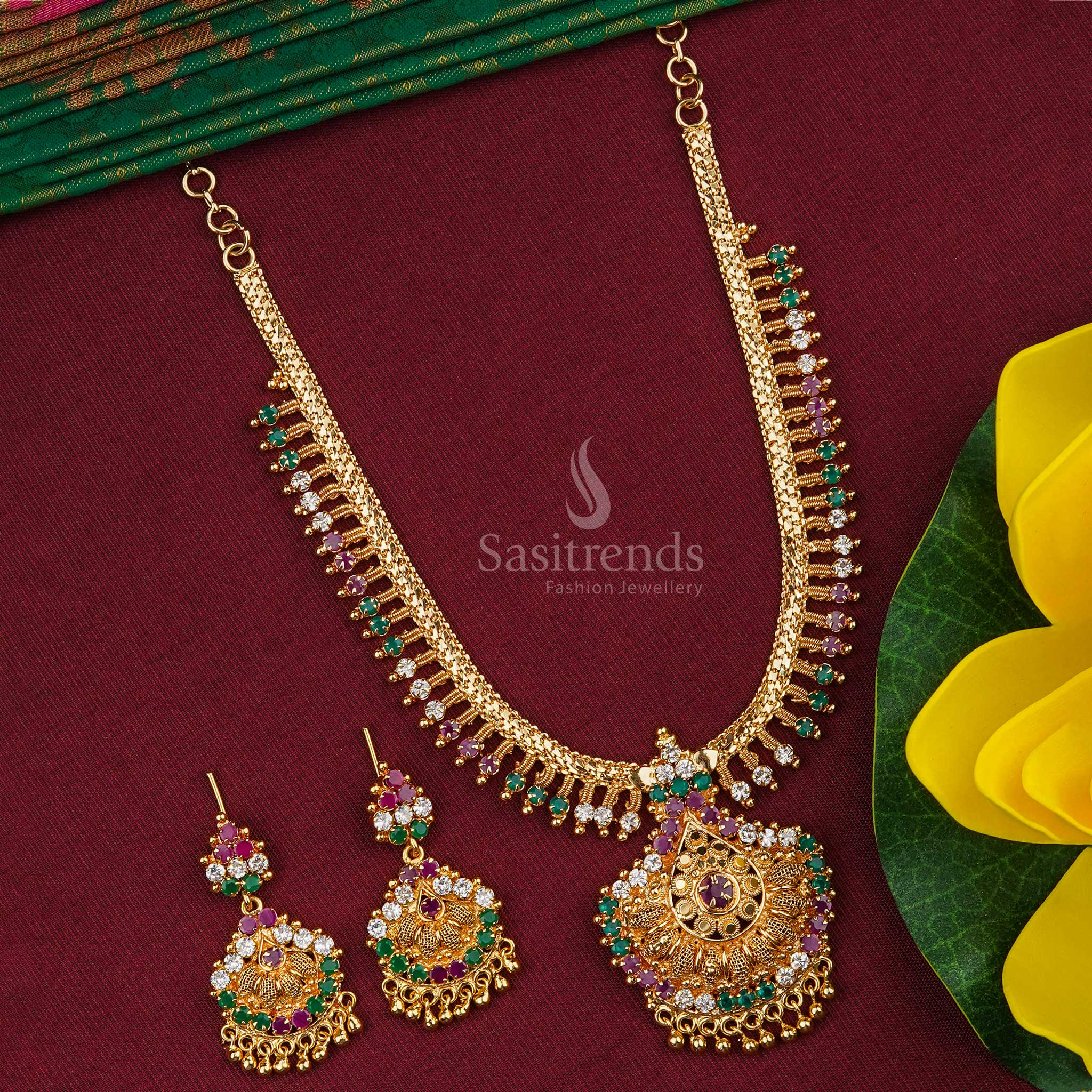 Attractive real gold look alike micro gold plated multi american diamond jewellery set - Sasitrends