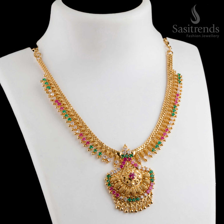 Beautiful handcrafted micro gold plated tilak pendant multi-color necklace designed with traditional patterns for an ethnic touch - Sasitrends