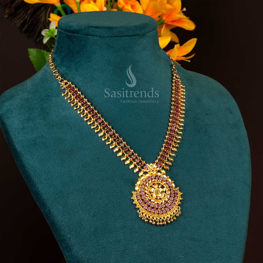 Glorious radiant micro gold plated ruby color flower pendant ethnic necklace, perfect for festive occasions and grand celebrations - Sasitrends
