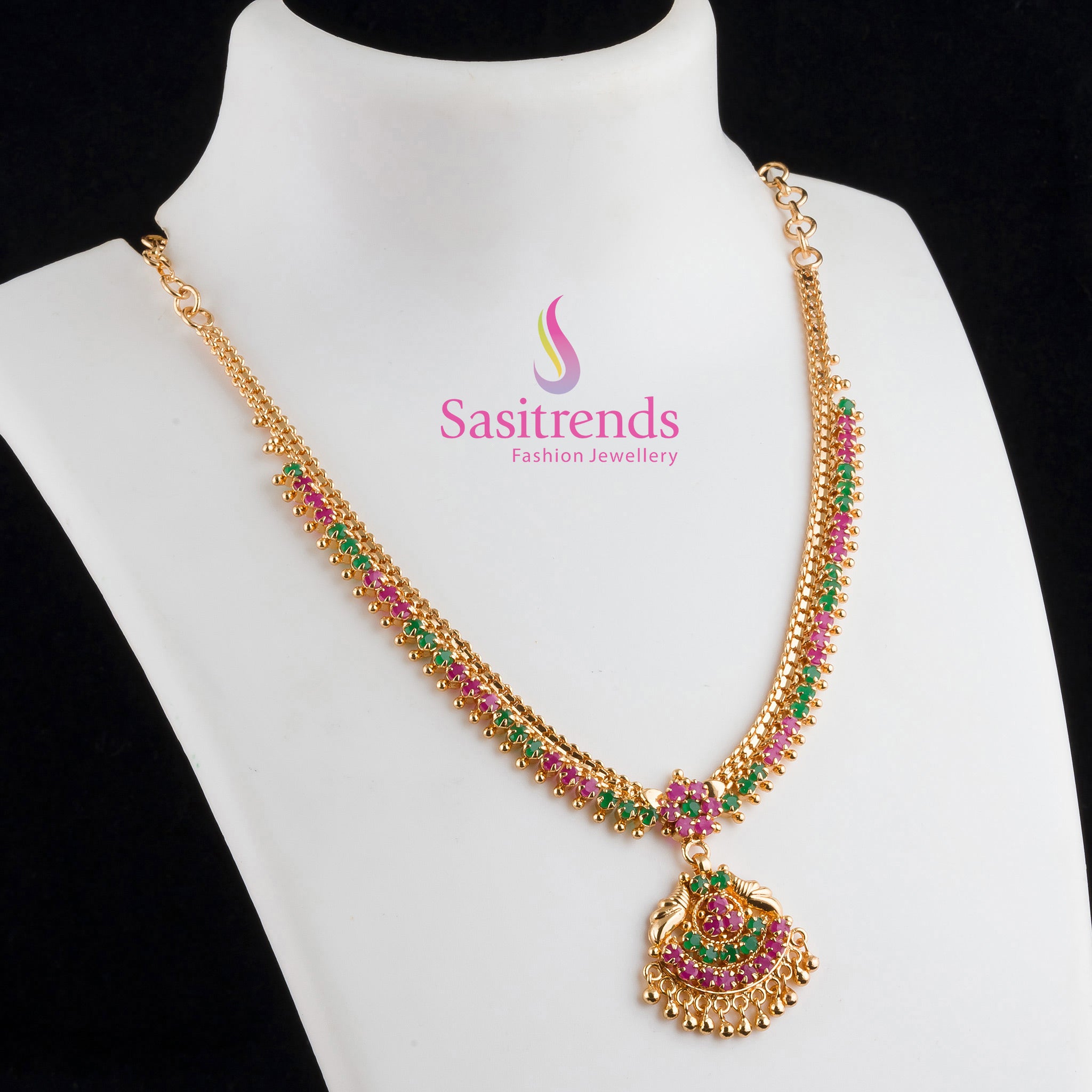Classic Ruby-Green Flower Pattern Necklace in Micro Gold Plating With Sparkling AD Stones – A Cultural Jewellery Highlight for Traditional Celebrations and Saree Styling by Sasitrends

