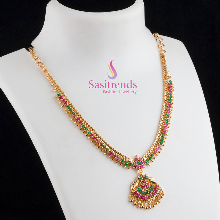 Classic Ruby-Green Flower Pattern Necklace in Micro Gold Plating With Sparkling AD Stones – A Cultural Jewellery Highlight for Traditional Celebrations and Saree Styling by Sasitrends

