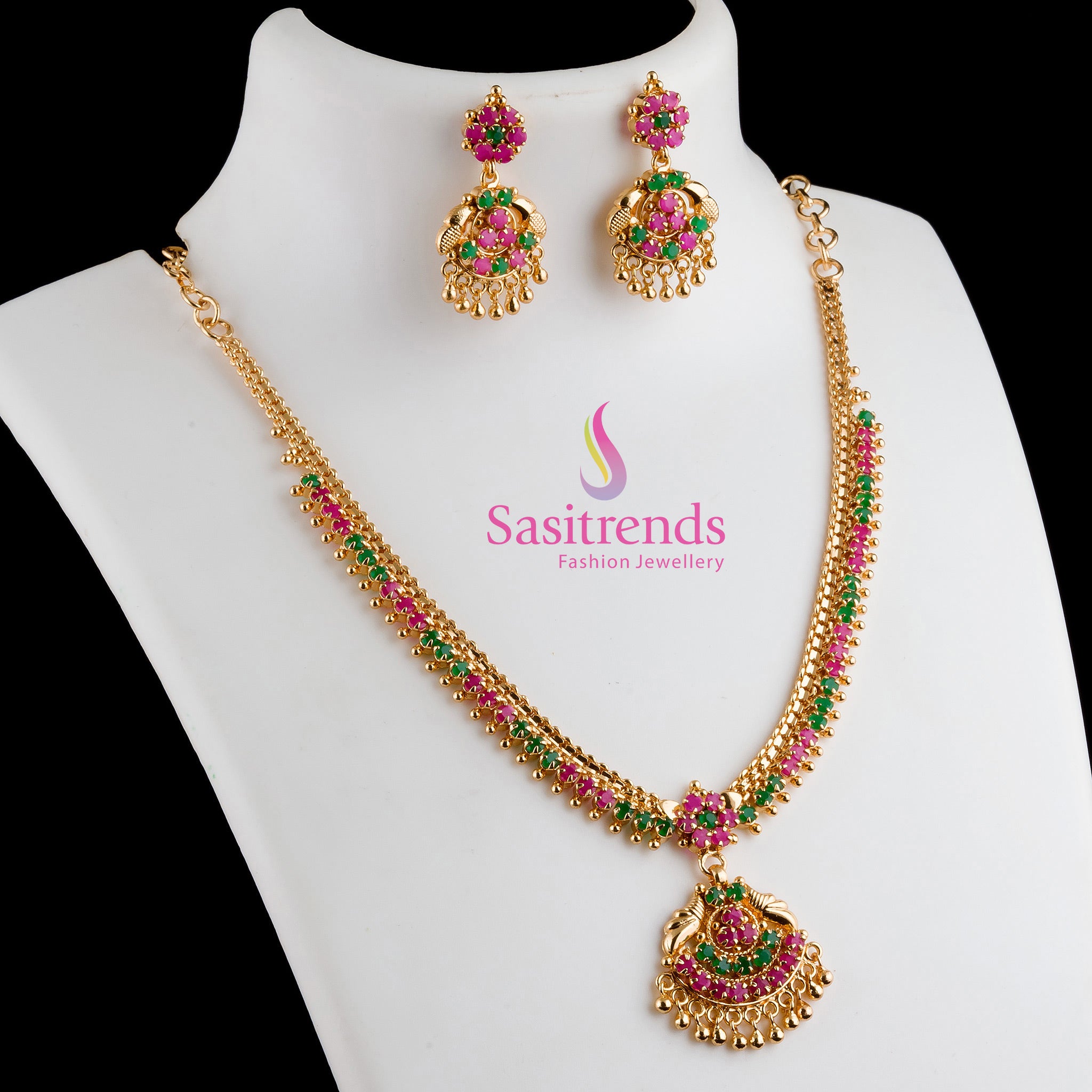 Heritage Ruby-Green AD Studded Flower Design Micro Gold-Plated Jewellery Set With Statement Necklace and Jhumka Earrings – A Traditional Splendour for Cultural Occasions by Sasitrends

