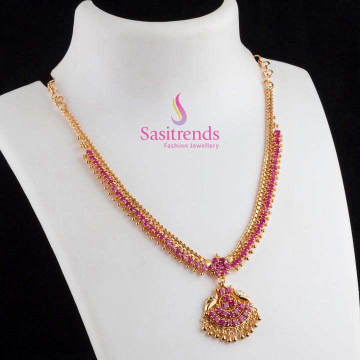 Graceful Ruby Flower Motif Necklace in Micro Gold Plating with Sparkling AD Stones – A Traditional Lustre Elegance Jewellery Design for Classic Festive Wear by Sasitrends