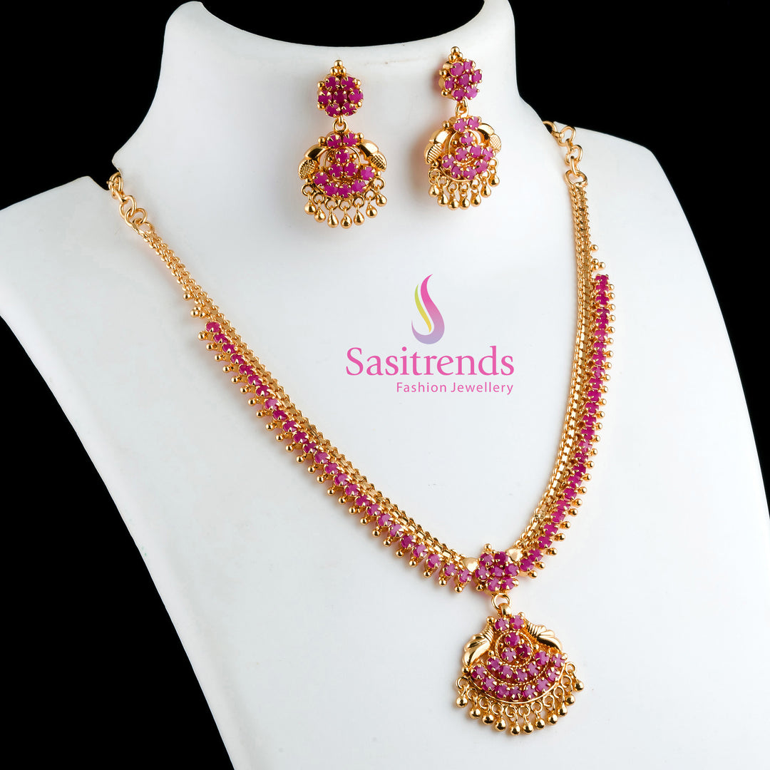 Opulent Ruby Micro Gold-Plated Jewellery Set Featuring Flower Necklace and Matching Earrings – Embellished With AD Stones for a Traditional Touch and Dazzling Saree Ensemble by Sasitrends