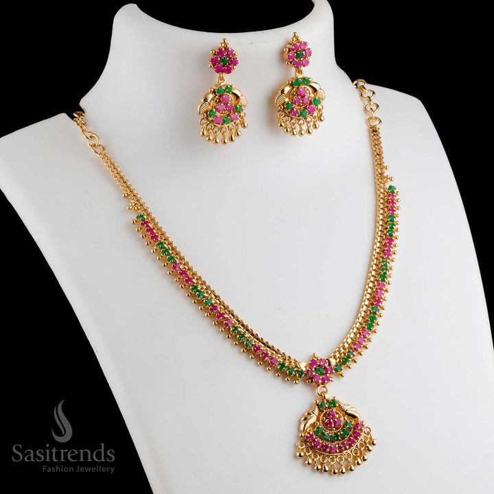 Exquisite intricate micro gold plated ruby-green floral pendant necklace with earrings, designed with fine detailing for timeless charm - Sasitrends