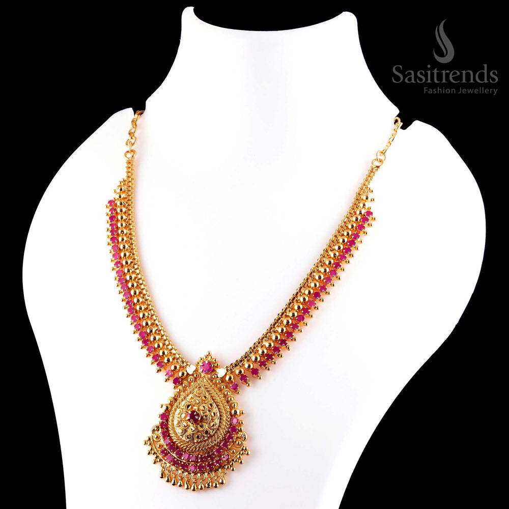 Stunning elegant micro gold plated ruby flower pendant necklace adorned with fine details for a classic ethnic look - Sasitrends
