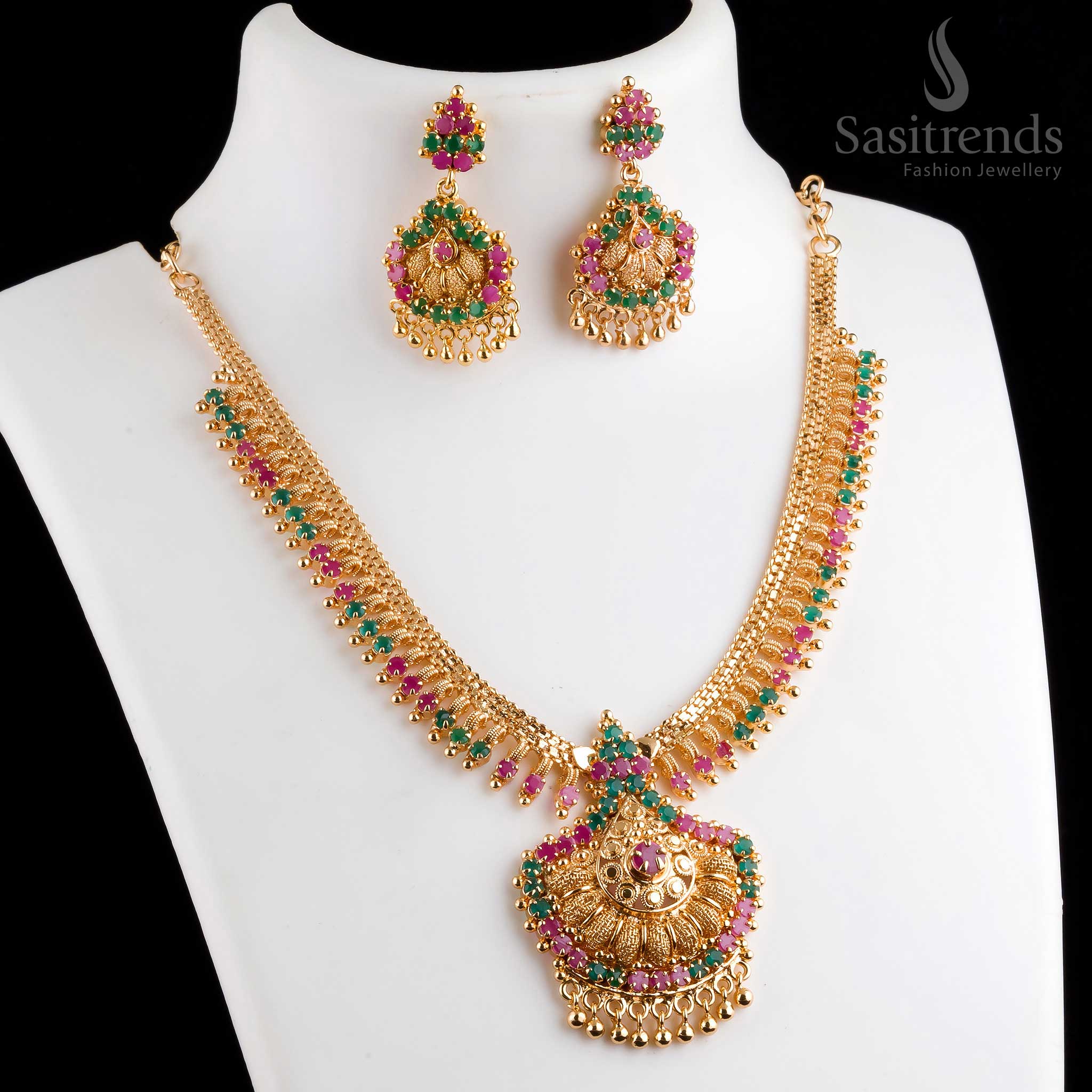 Elegant opulent antique finish micro gold plated tilak pendant ruby-green necklace set with earrings, ideal for festive occasions - Sasitrends
