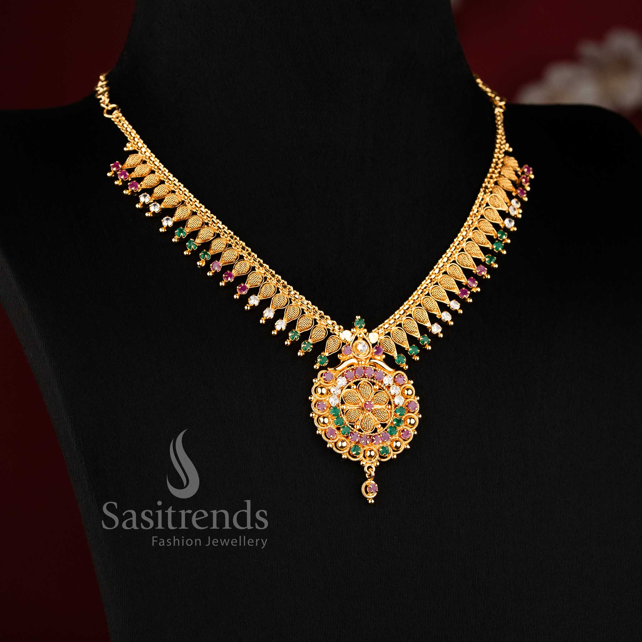 Stunning majestic micro gold plated multi floral pendant traditional necklace featuring intricate carving and rich cultural elegance - Sasitrends