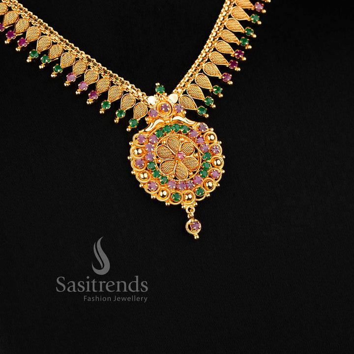 Stunning majestic micro gold plated ruby green floral pendant traditional necklace featuring intricate carving and rich cultural elegance - Sasitrends
