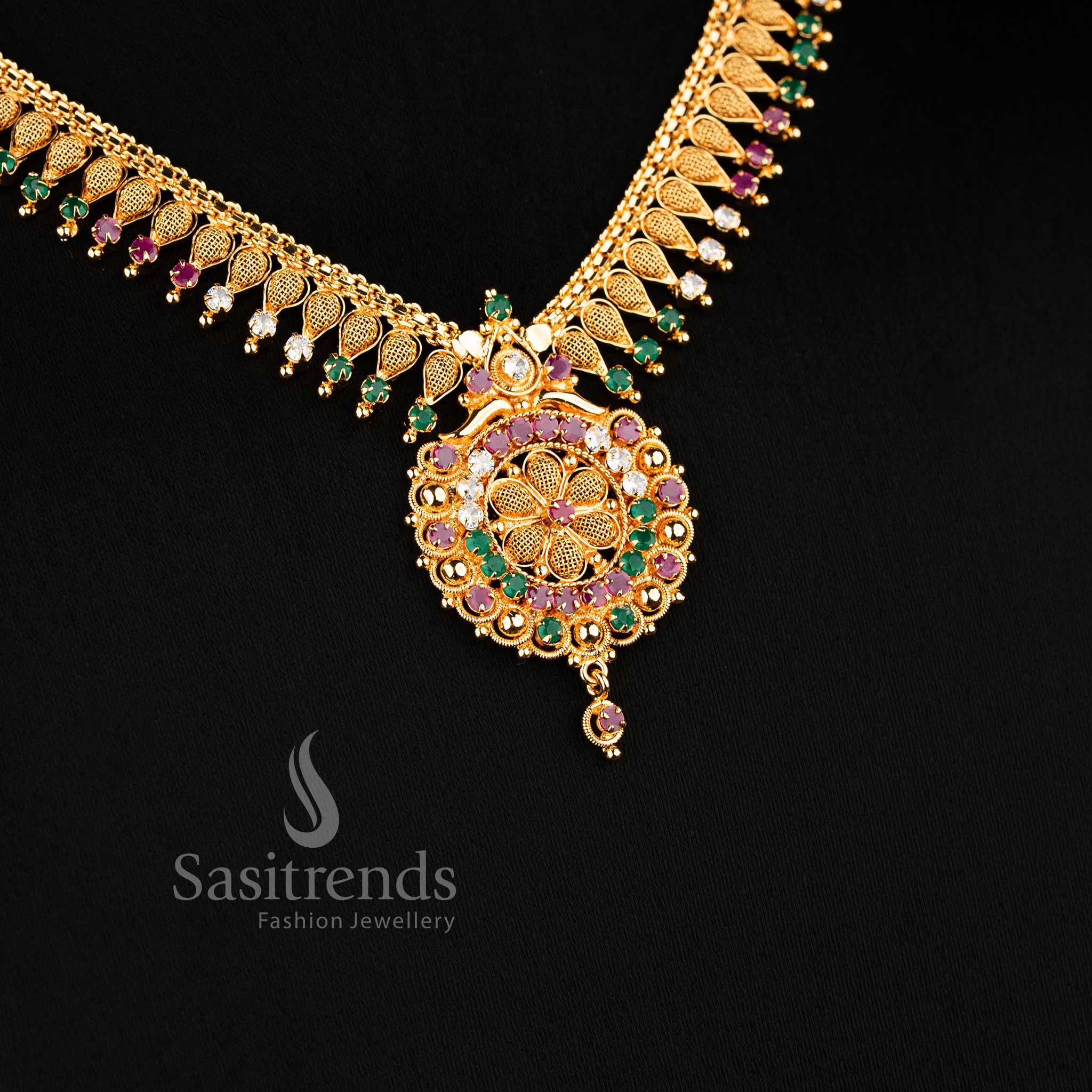 Stunning majestic micro gold plated multi floral pendant traditional necklace featuring intricate carving and rich cultural elegance - Sasitrends